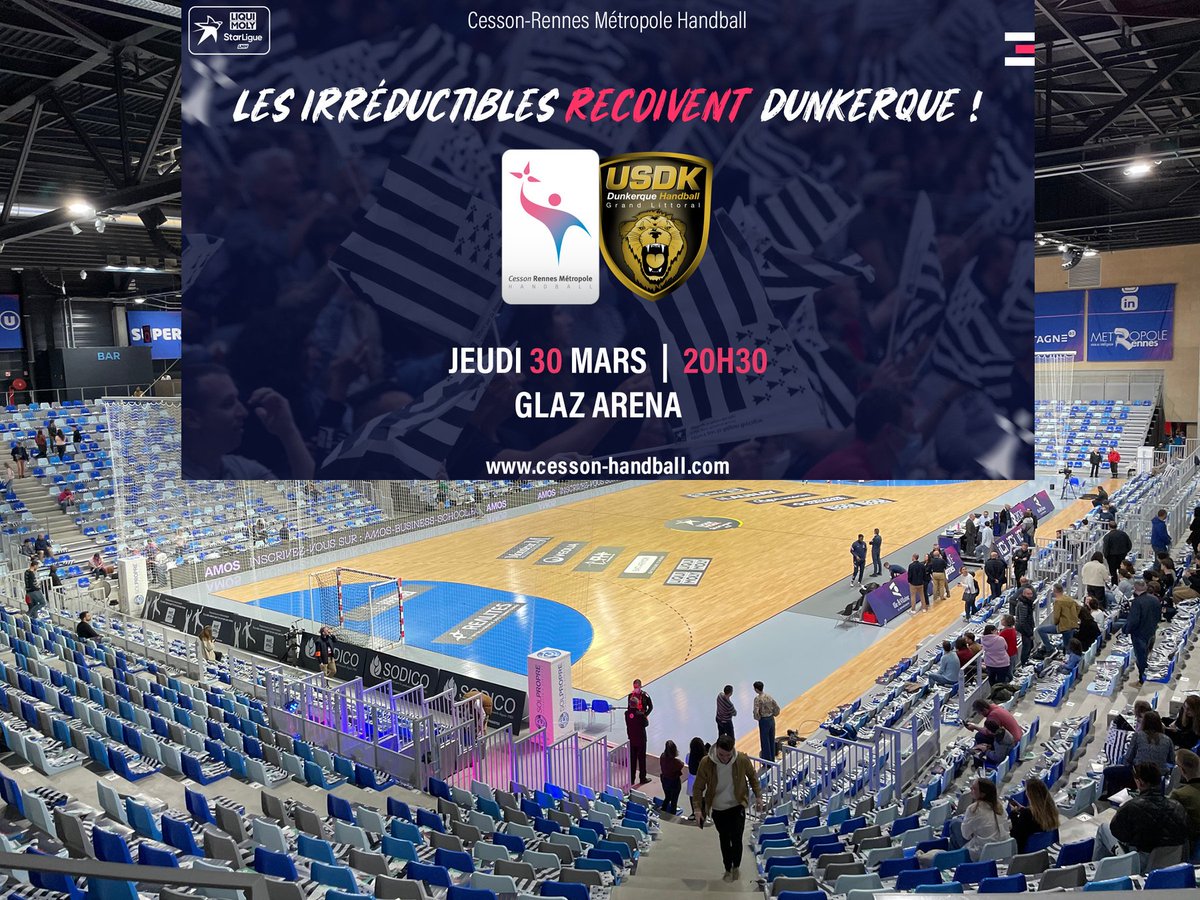 #handball Allez Cesson !
Prochain match ce jeudi 30 mars à la Glaz Arena 🔥
@crmhb VS @USDKDunkerque 
🎟️Billetterie billetterie.cesson-handball.com
#LesIrreductibles #cesson #dunkerque #glazarena