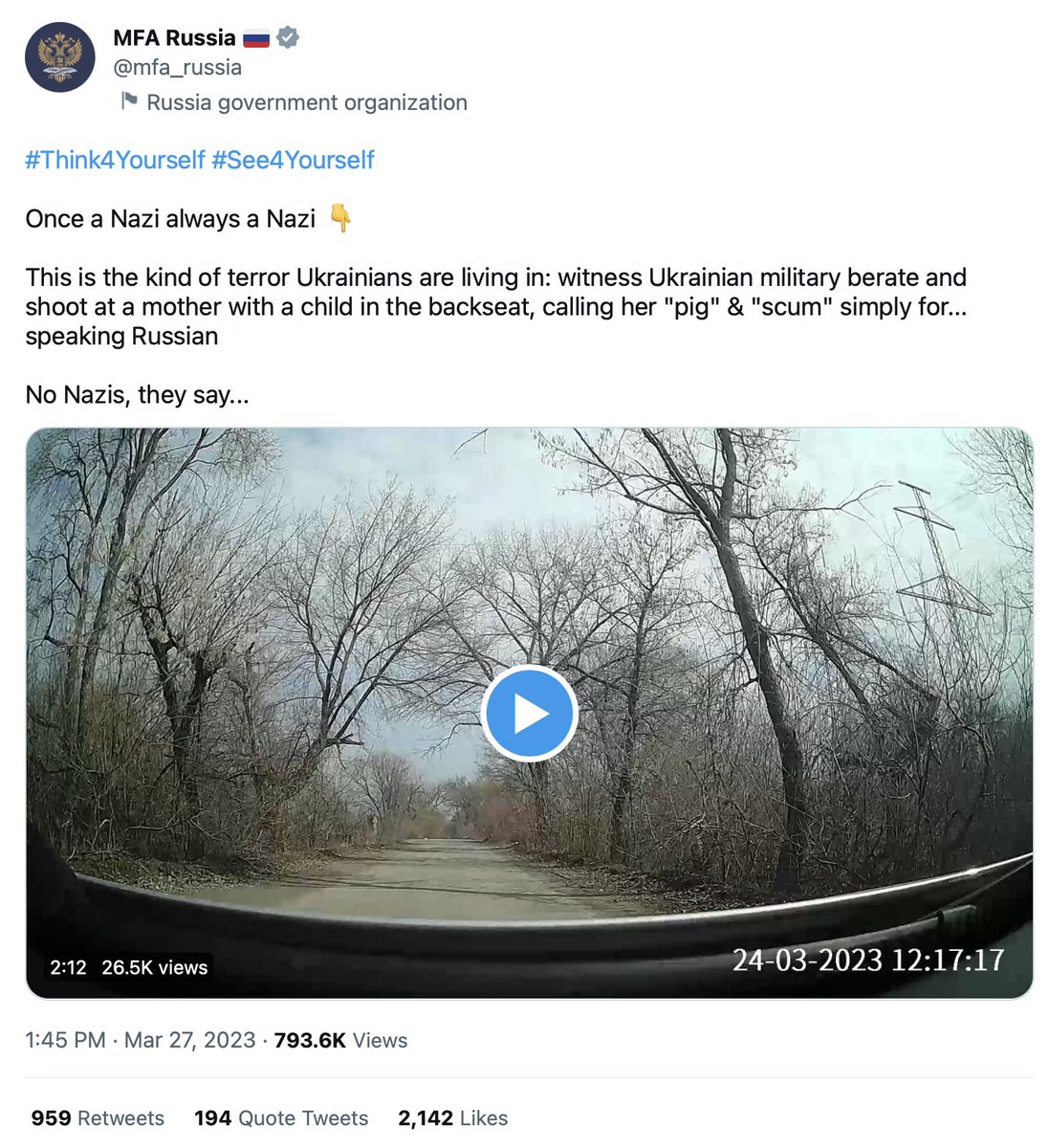 Yet again, @mfa_russia gets caught promoting fake videos from Ukraine, this time caught out by a geolocation that places the scene of the video in Russian territory. @mfa_russia deleted the tweet without acknowledging it was fake. twitter.com/GeoConfirmed/s…