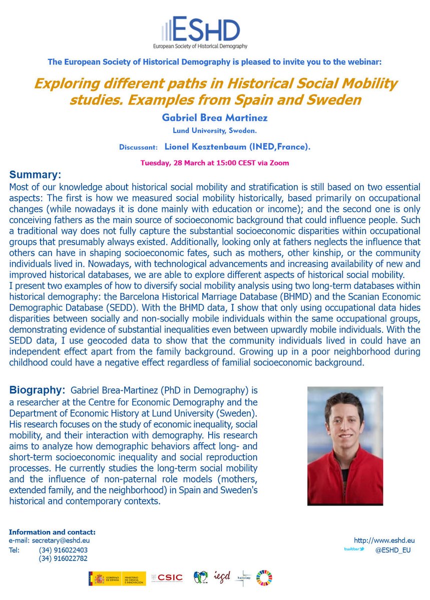 TimRiswick's tweet photo. Today at 15:00 (CET) @GBreaMartinez will present his research into social mobility in historical Spain and Sweden in the webinar of the European Society of Historical Demography, @ESHD_EU. https://t.co/txFHrTEGsW