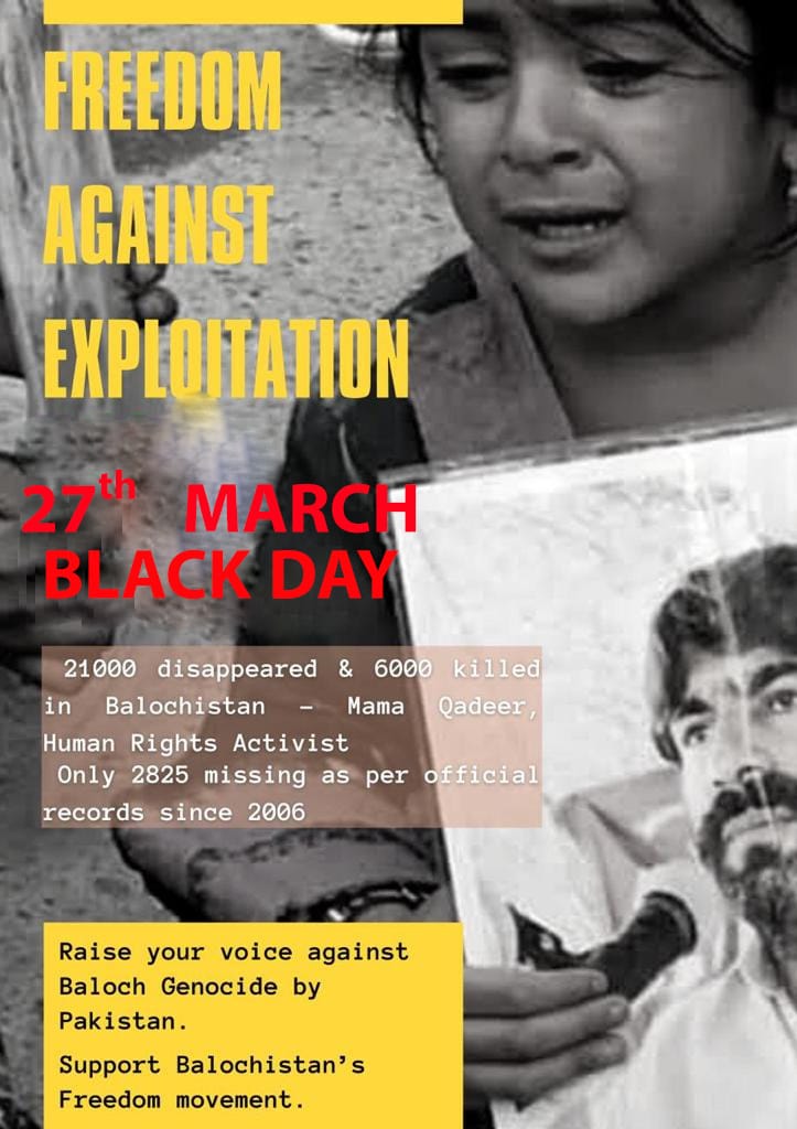 KambleTushant's tweet photo. #27MarchBlackDay
#PakistanQuitBalochistan
#FreeBalochistan
#SaveBalochWomen
#BalochistanBleeds https://t.co/ZpYJT6lopU