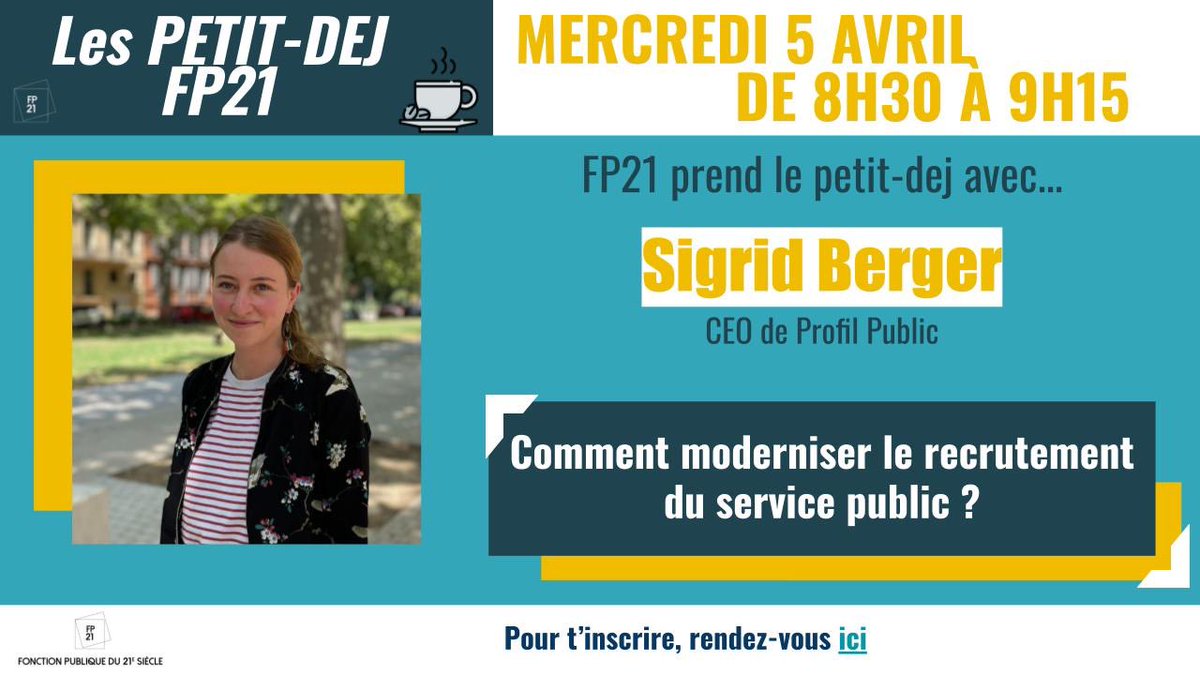 👥LE RECRUTEMENT DANS LE SECTEUR PUBLIC 👥 ☕️ Venez assister à un petit-dej sur 'Comment moderniser le recrutement du service public ? '. 👩‍💻 @_SigridBerger, Fondatrice de @_profilpublic, répondra à vos questions le 5 avril à 8h30. 👉 Inscription: lnkd.in/d4pUrjNP