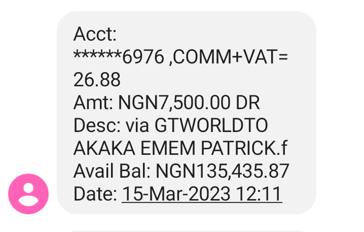 prince_ukata's tweet photo. @abati1990 @gtbank I made transaction of 7500 on 15 of March 2023, but the client hasn't received it https://t.co/Pt3s0xl5iq