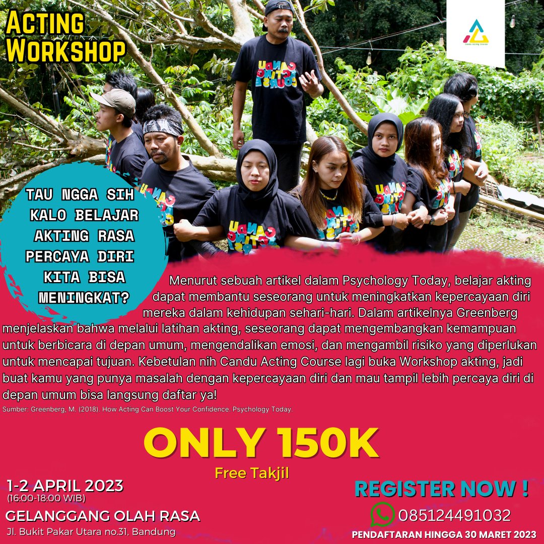 canduacting's tweet photo. Yuk tingkatkan kepercayaan dirimu dengan belajar akting! 🎭Jangan lewatkan kesempatan untuk belajar akting di workshop acting Candu Acting Course! 🤩

Daftar sekarang &amp; mulailah perjalananmu untuk menjadi aktor dan aktris handal yang percaya diri! 💪 
#mobilperang #SNBP #Israel https://t.co/3BIRZUZeY1
