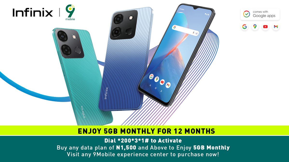 InfinixNigeria's tweet photo. Enjoy 5GB of data monthly for 12 months when you activate any of the Infinix smart 7 series devices with @9mobileng 

Dial *200*3*1*# to activate then buy any data plan of ₦1,500 and above to enjoy 5GB monthly 

#SmartAndSmoothExperience https://t.co/PWY33XvkCN
