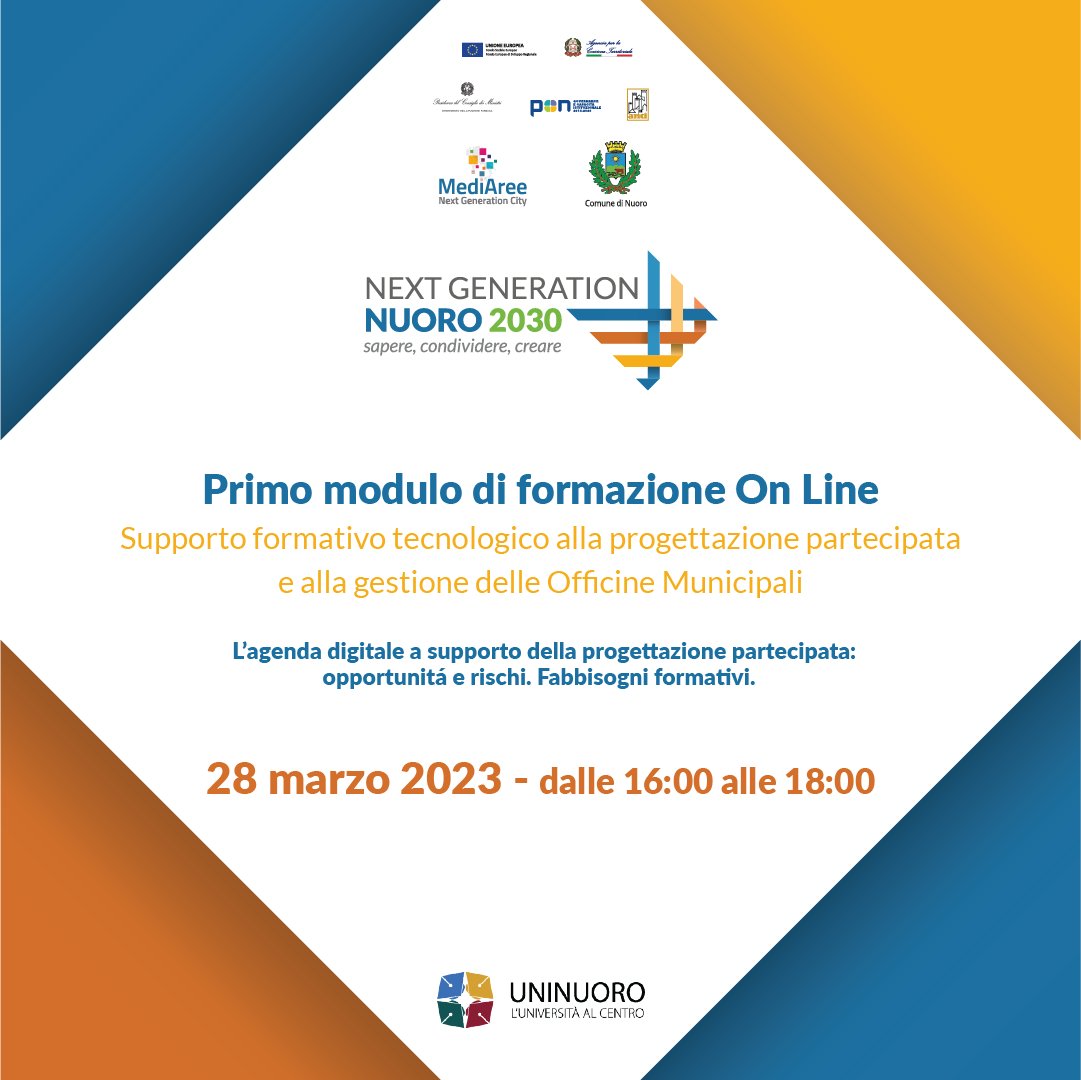 NG_Nuoro2030's tweet photo. Inizia oggi la formazione del progetto #NGNuoro2030.
Si parte On Line con il modulo 7 "Supporto formativo tecnologico alla progettazione partecipata e alla gestione delle attività delle Officine Municipali" a cura della Dott.ssa @antofancello.
https://t.co/Ypun254lTY https://t.co/fHRYPSwTGK