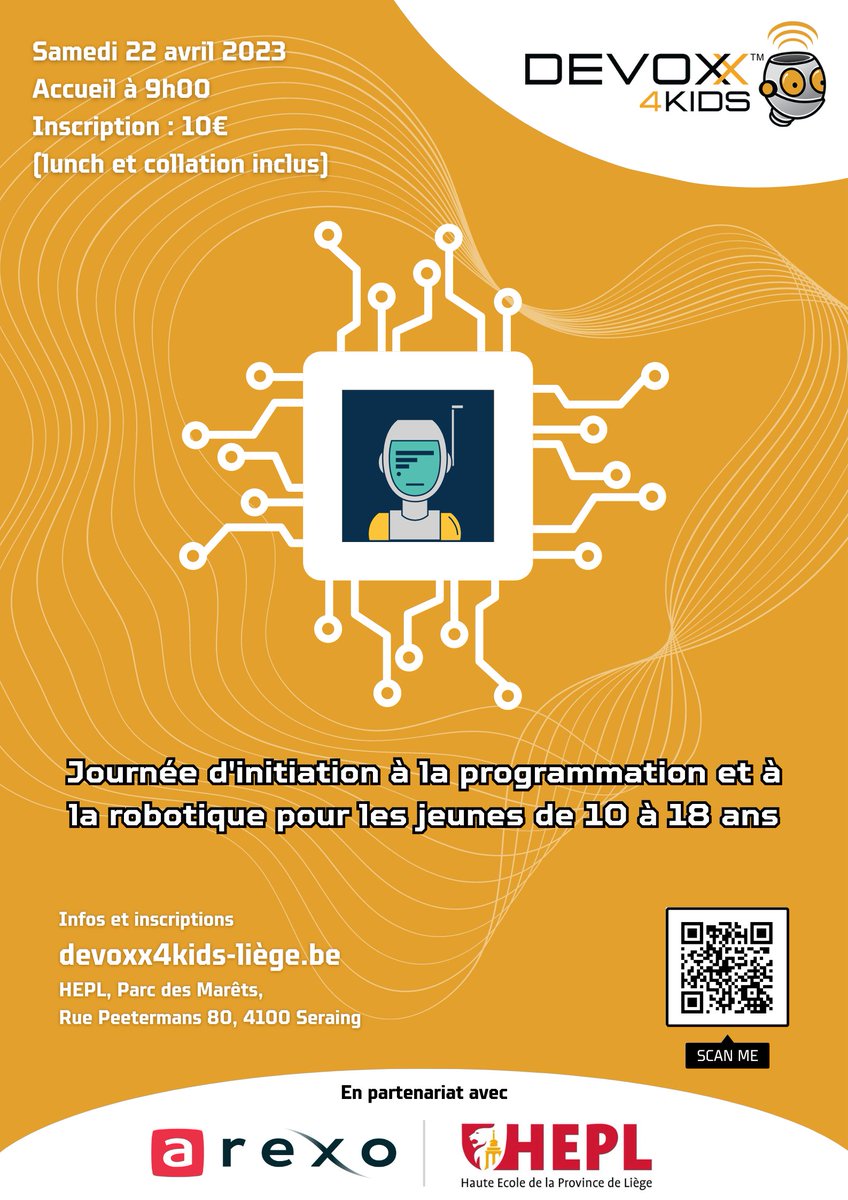 DEVOXX4KIDS 💻

Le Devoxx4Kids est de retour le samedi 22 avril 2023 ! 

Cet évènement rassemble les jeunes de 10-18 ans autour de la programmation et de la robotiques.

Merci à la <a href="/HEPL_be/">HEPL - Haute Ecole de la Province de Liège</a> 

Pour vous inscrire : devoxx4kids-liege.be

#it #devoxx4kids #learning #programmation