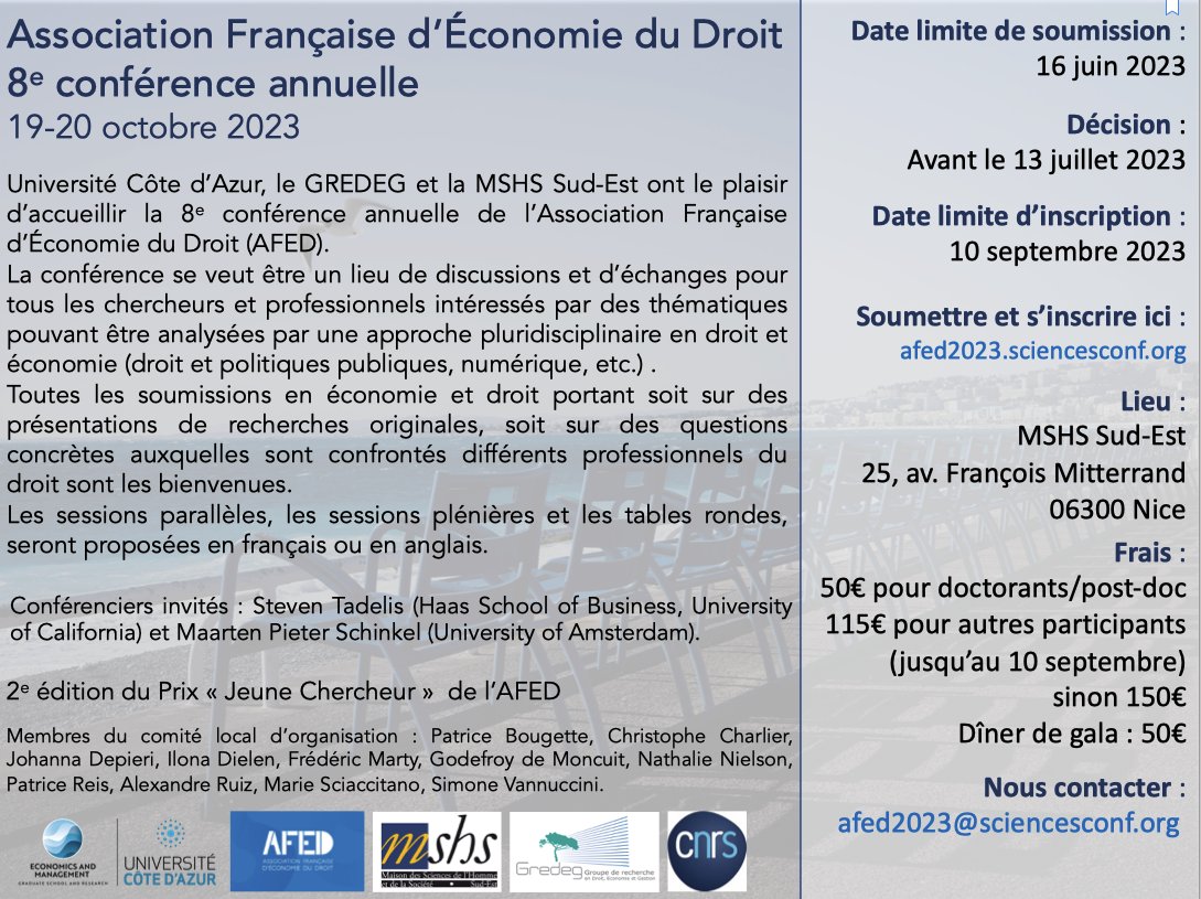AssoFrEcoDroit's tweet image. Notre 8e conférence annuelle a lieu à Nice les 19 et 20 octobre 2023 @Univ_CotedAzur @GREDEG_UMR @MSHSSudEst Les keynotes sont @steve_tadelis (University of California) et Maarten Pieter Schinkel (University of Amsterdam)
afed2023.sciencesconf.org
On vous attend nombreux !