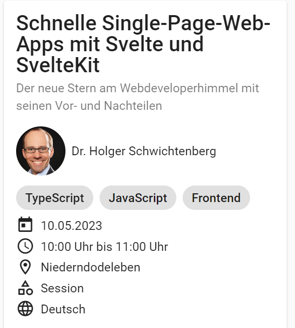 Das Programm der Magdeburger Developer Days 2023 (08. – 10. Mai 2023) ist online: md-devdays.de Ein Drittel aller Tickets sind schon verkauft nach einer Woche! 

Ich werde am Montag einen Workshop halten und an jedem Konferenztag jeweils einen Vortrag.

<a href="/MiB_MD_DevDays/">Michael Blume</a>