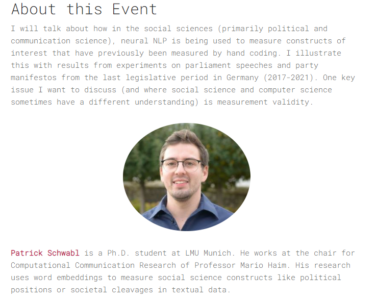 Interested in word embeddings? 

📍On April 20th, @CSSLMU lab member @patrickschwabl will give a virtual talk on 'Measuring political positions using contextual word embeddings' at @MunichNlp. 

👉More info: munich-nlp.github.io/events/measuri…