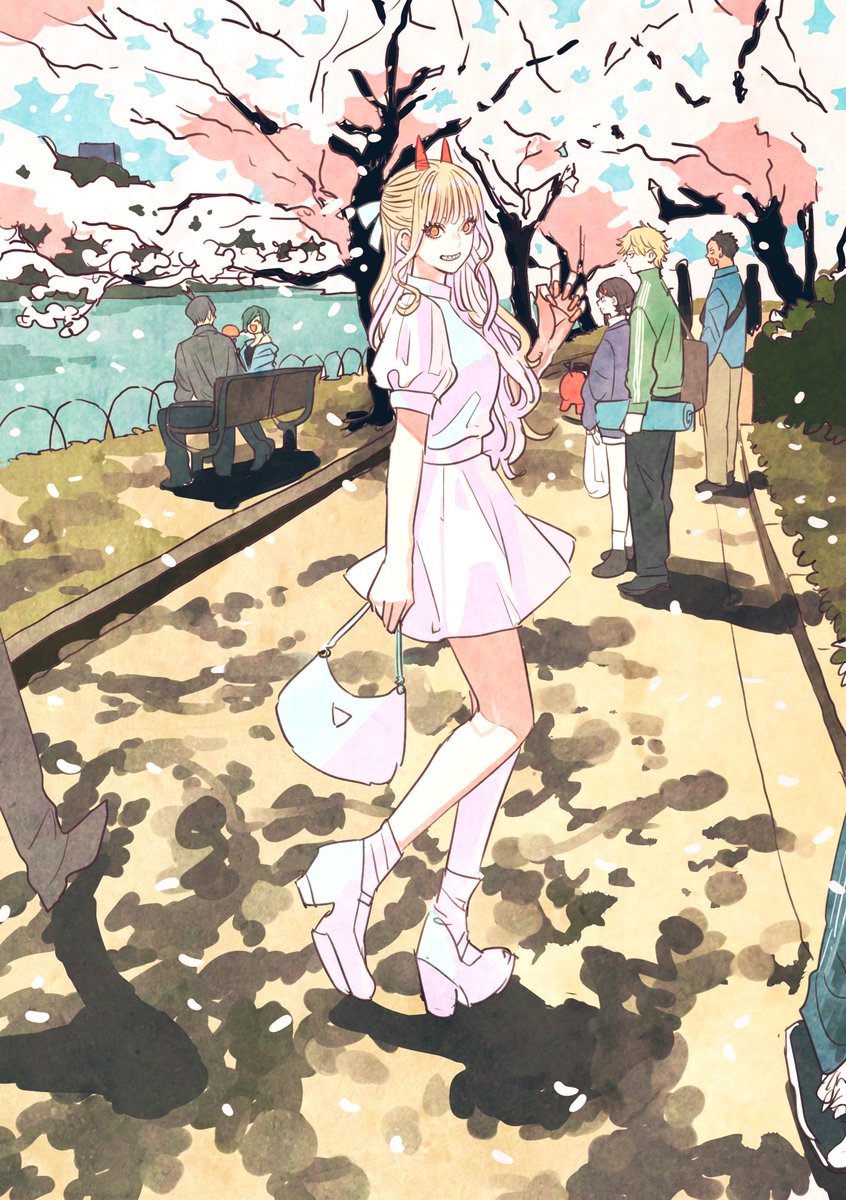 denji (chainsaw man) ,hayakawa aki ,power (chainsaw man) red horns blonde hair cherry blossoms horns long hair multiple boys bag  illustration images