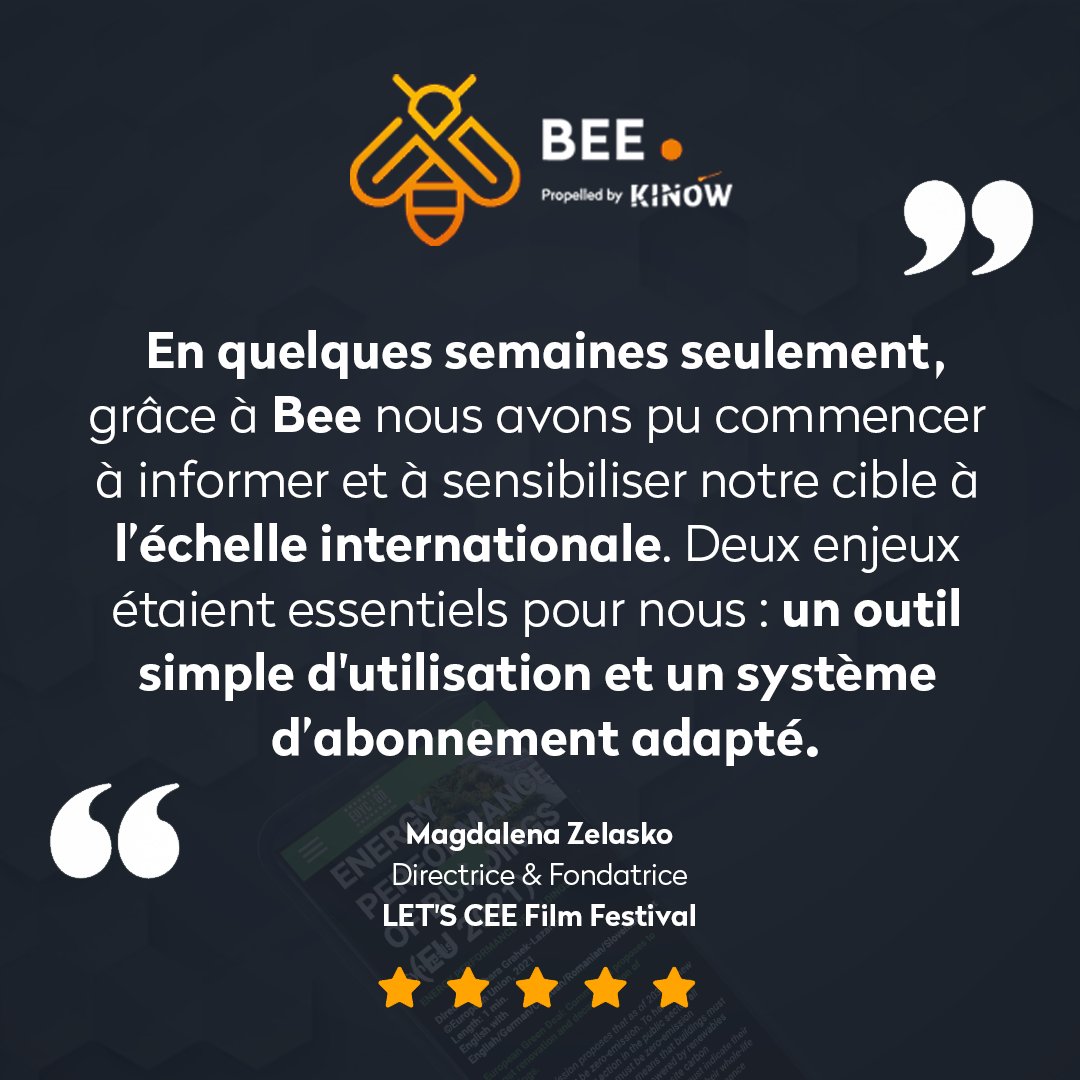 [Cas client] 🎬 
 
😊 EU Youth Cinema : Green Deal a opté pour Bee 🚀 afin d’informer et faire passer son message, tout en bénéficiant d’un outil simple d'utilisation et un système d’abonnement adapté. 👌 
 
En savoir plus👉 bit.ly/3ygpAqw
 
#streaming #ott #vod #SaaS