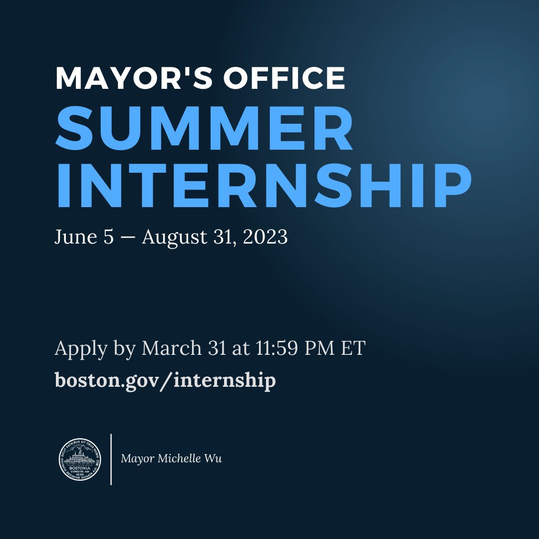 Job Alert ⤵️🚨

Intern with @bostoncivicorg and @mayorwu this Summer! Accepting applications until Friday, March 31st. 

Tell a friend to tell a friend 🗣️👏🏾

Apply here: boston.gov/internship