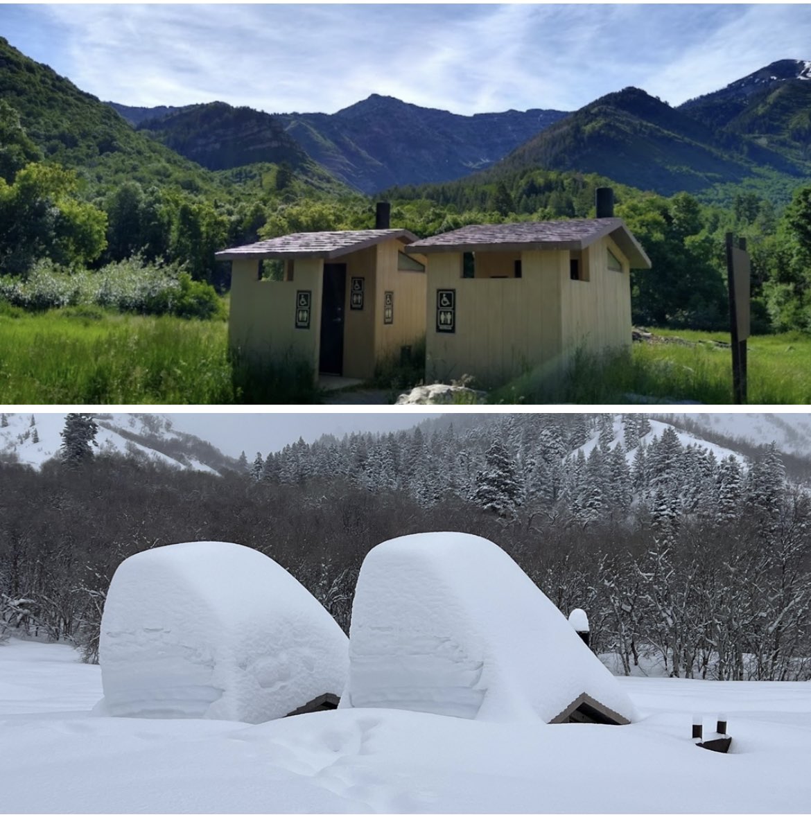 KSL_Matt's tweet photo. This is what 219% of normal snowpack looks like! That’s the tops of 10-12 FOOT high bathrooms! #utwx

📍: Rock Canyon Campground, UT
📸: Rob Moore https://t.co/AKSCzHlEbb
