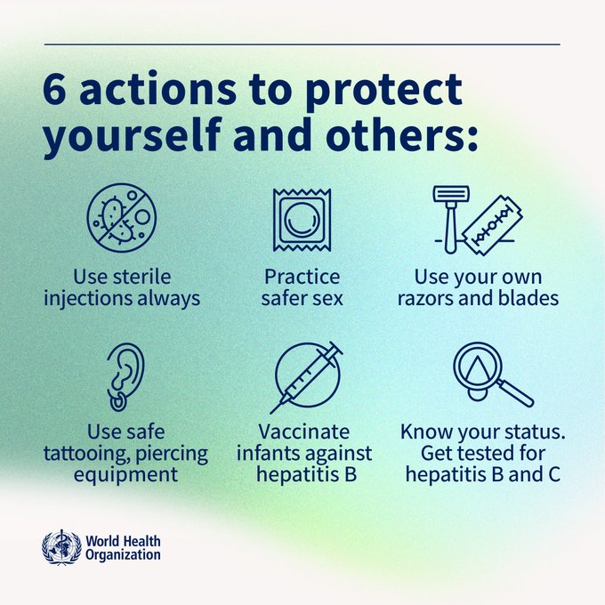 How can you prevent #hepatitis?

💉Use sterile injections always
🪒Use your own razors and blades
💋Practise safe sex 
👂🏾Use safe tattooing and piercing equipment
👶🏻Vaccinate infants against hepatitis B 
🧪Know your status and get tested for hepatitis B and C
