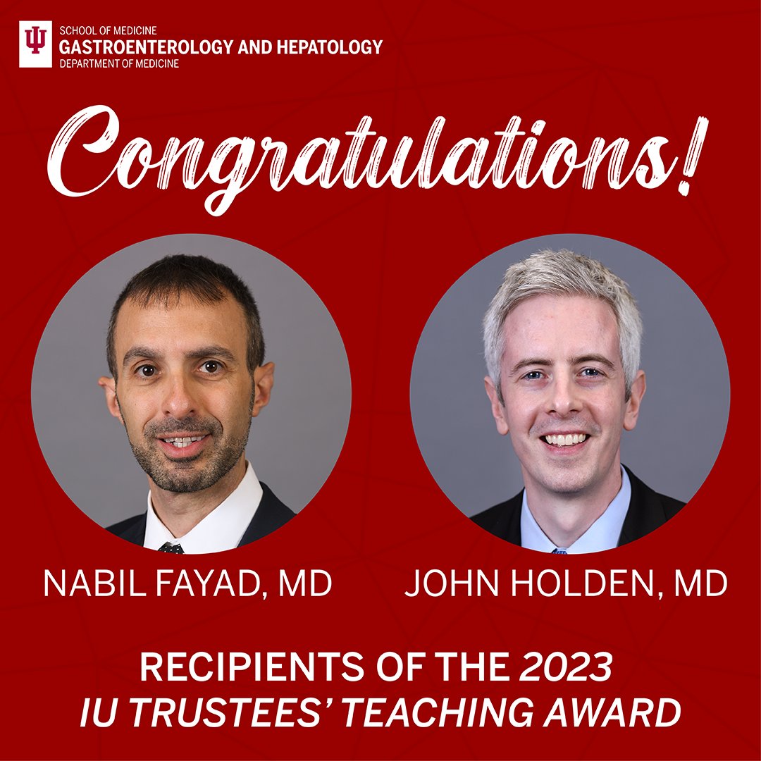 Indiana University Gastroenterology and Hepatology (@iugastro) on Twitter photo Congratulations to Drs. Fayad and Holden, on receiving the 2023 IU Trustees' Teaching Award! Both exemplify excellence in teaching and significantly contribute to the Division with their dedication and leadership. 👏 #GITwitter <a href="/IUMedSchool/">IU School of Medicine</a> Congratulations to Drs. Fayad and Holden, on receiving the 2023 IU Trustees' Teaching Award! Both exemplify excellence in teaching and significantly contribute to the Division with their dedication and leadership. 👏 #GITwitter <a href="/IUMedSchool/">IU School of Medicine</a>