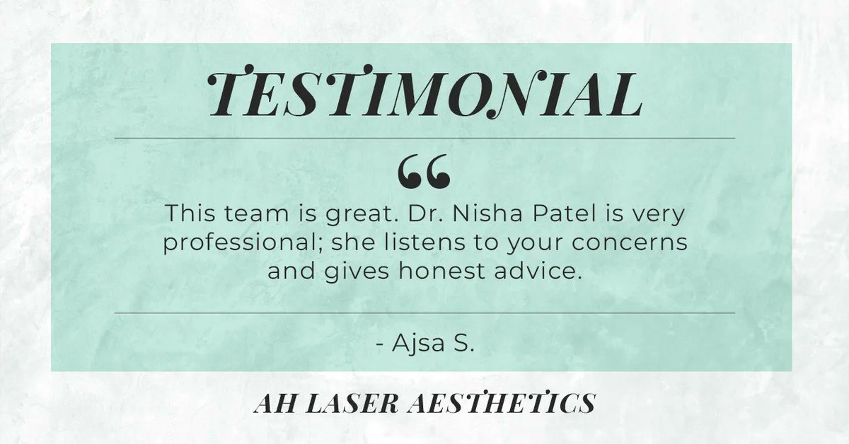 AHLaser's tweet photo. #TestimonialTuesday: “This team is great. Dr. Nisha Patel is very professional; she listens to your concerns and gives honest advice.” -Ajsa S.

Put your trust in our team, and schedule an appointment today!

📞 (847) 255-7474
💻 https://t.co/VGUXvDUz7X

#Testimonial #Illinois https://t.co/I9PJJKrvbp
