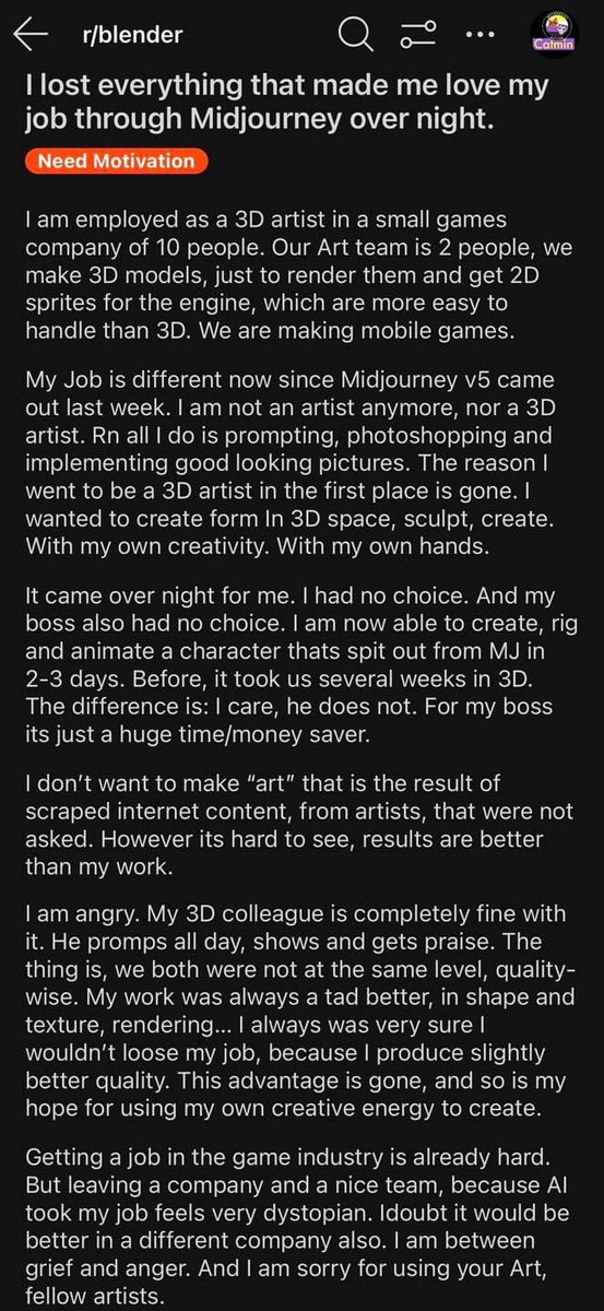 Peter Dalsgaard (@peterdalsgaard) on Twitter photo Hvilke konsekvenser får kunstig intelligens for  kreativt arbejde? Jeg er tilbøjelig til at se potentialer fremfor problemer, men denne historie fra Reddit om, hvordan Midjourney kan dræbe glæden ved kreativt arbejde, giver stof til eftertanke.  #dkforsk #ai #kreativitet Hvilke konsekvenser får kunstig intelligens for  kreativt arbejde? Jeg er tilbøjelig til at se potentialer fremfor problemer, men denne historie fra Reddit om, hvordan Midjourney kan dræbe glæden ved kreativt arbejde, giver stof til eftertanke.  #dkforsk #ai #kreativitet