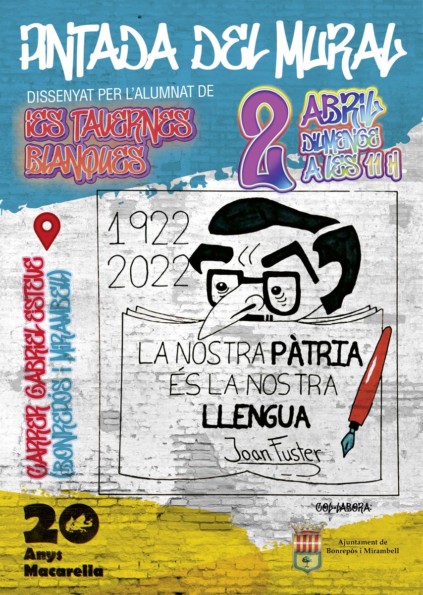 acMacarella's tweet image. Propera activitat @acmacarella 🖌️Pintada col·lectiva del mural dedicat a Joan Fuster dissenyat per l&apos;alumnat de l&apos;IES Tavernes Blanques. Diumenge 2 d&apos;abril a partir de les 11h al carrer Gabriel Esteve (Bonrepòs i Mirambell)🥸