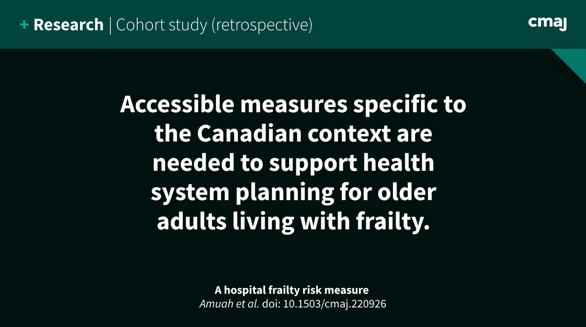 A hospital frailty risk measure:
The CIHI HFRM is a valid tool that can be used by hospital decision-makers and health services researchers to support system-level capacity planning.
➡️ cmaj.ca/lookup/doi/10.…
<a href="/CIHI_ICIS/">CIHI_ICIS</a> <a href="/CFN_NCE/">CFN</a> <a href="/muscedej/">John Muscedere</a> <a href="/olga_theou/">Olga Theou</a> <a href="/UWPharmacy/">Waterloo Pharmacy</a> <a href="/sarah_carbone1/">Sarah Carbone</a>