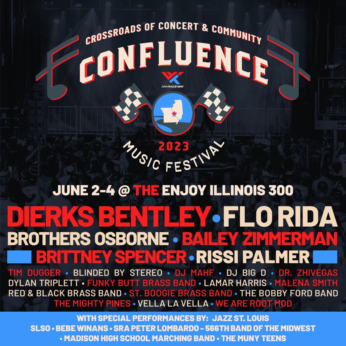 WWTRaceway's tweet photo. The Confluence Music Festival full line-up is here! Join us for the @enjoyillinois 300 weekend June 2-4. @DierksBentley with @official_flo, @brothersosborne, @BrittNicx, @baileyzimmerman, @RissiPalmer and 20 more regional acts 😱

Get your tickets>>> https://t.co/tcfGxdCZzf https://t.co/rgHzkOjIqj