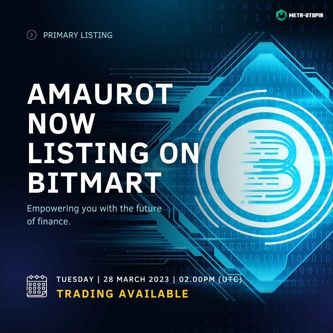 MW_MetaUtopia's tweet photo. We are thrilled to announce the listing on @BitMartExchange🥳

💰Trading pair:$AMAUROT/USDT

🎉To Celebrate LISTING on #BitMart

We are hosting a giveaway! 
RT + LIKE this post &amp; tag 2 friends on the comment section😎

Stand a chance to win 100USDT &amp; will be announced on 1/4/2023 https://t.co/03qEQfGL5L