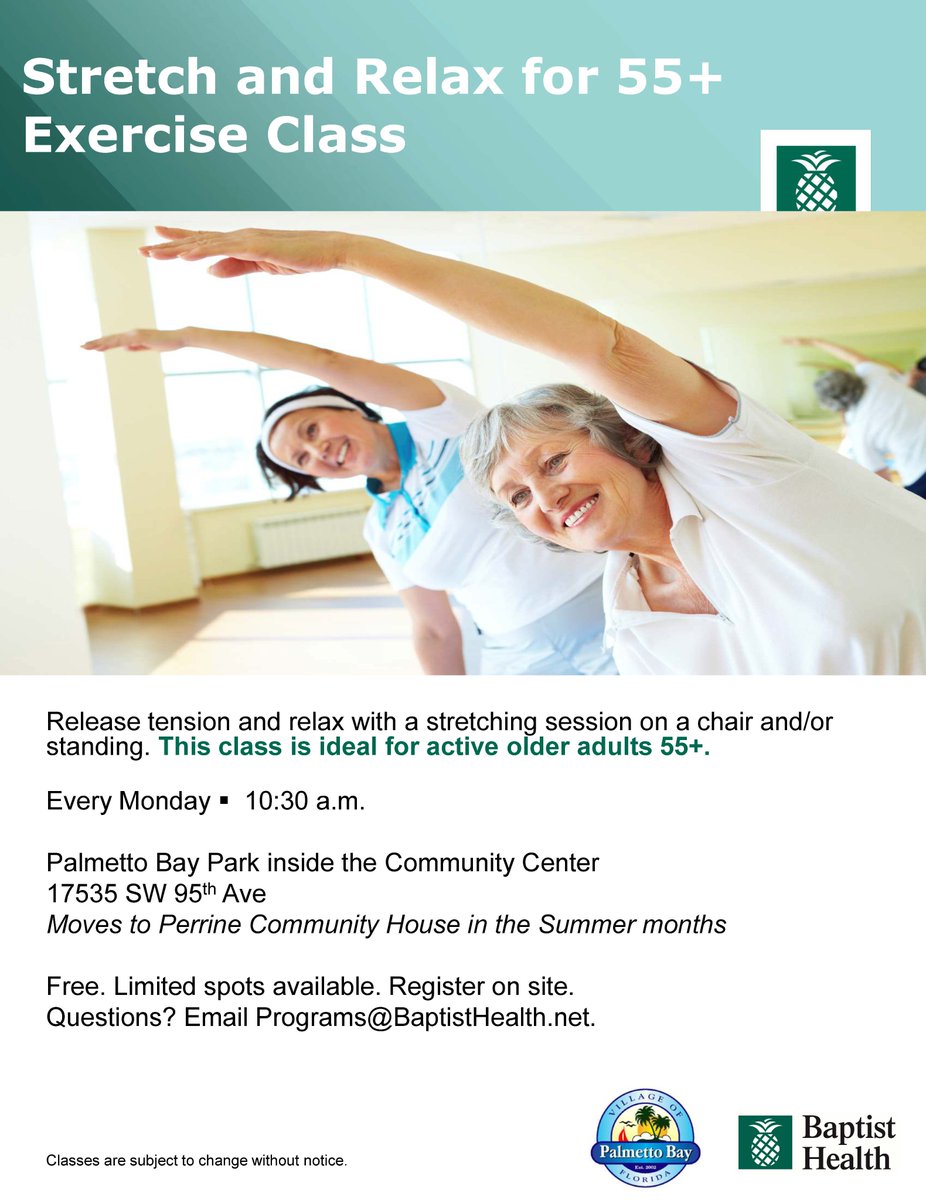 PalmettoBayVlg's tweet photo. Starting April 3, our popular Senior Stretch &amp; Relax class will be moving to the community center at Palmetto Bay Park! This larger space allows even more people to join us for a morning of healthy relaxation!

#teampb #PBalwaysworkingforyou #PalmettoBayProud #WeLovePB https://t.co/KrNLJIHnbF