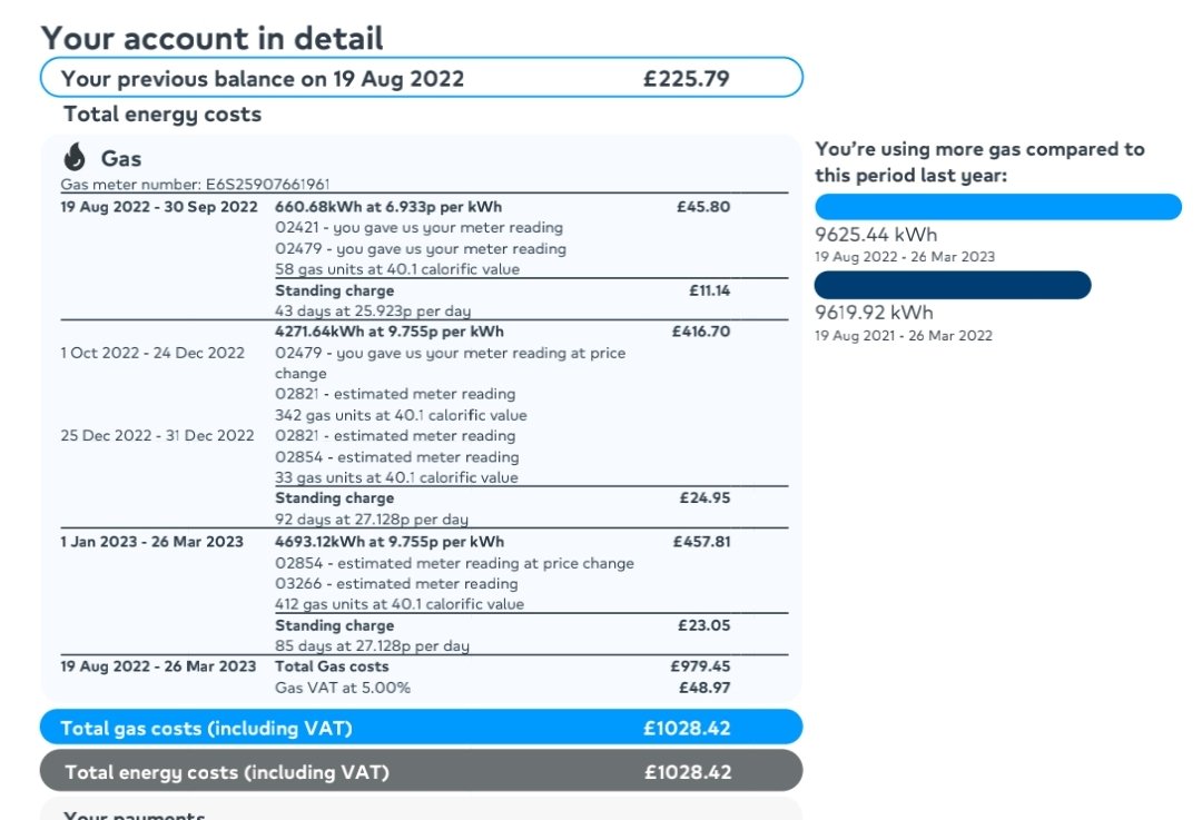 Limmie1925's tweet photo. Sept 2021-march 22 £364.15  9619.92 kwh used
Aug 22-march 23
£1028.42  9625.44kwh used.
@BritishGas this is disgusting https://t.co/1ltmp8OFdi