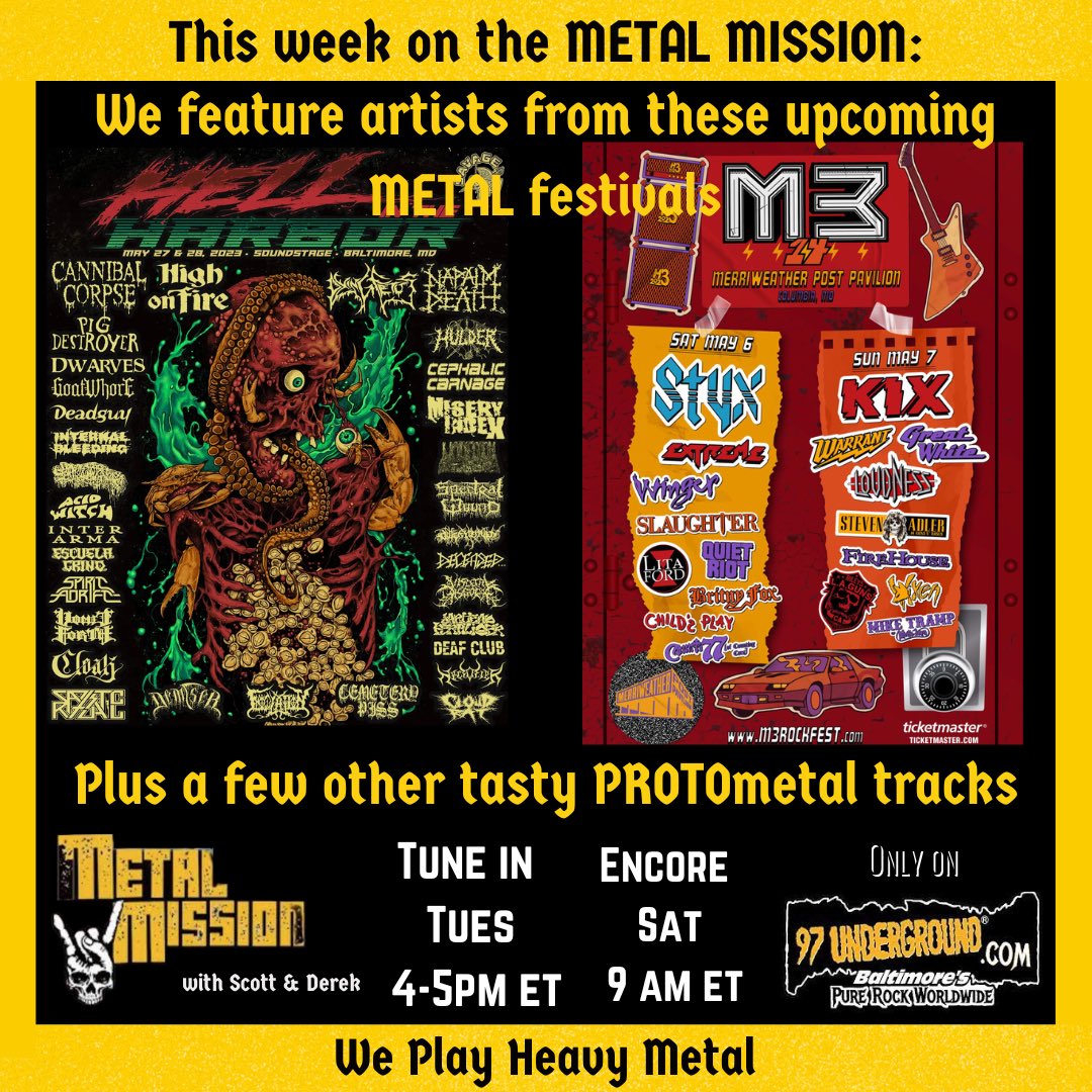 New episode today at 4pm et usa. Feat @M3RockFestival at @MerriweatherPP and #hellintheharbor at @BmoreSoundstage. Plus tracks from #ozzyosbourne #blizzardofozz and #rainbow #dio #heavymetal #musicfestival #protometal @97underground @ZombieRitual97 @6969nyc