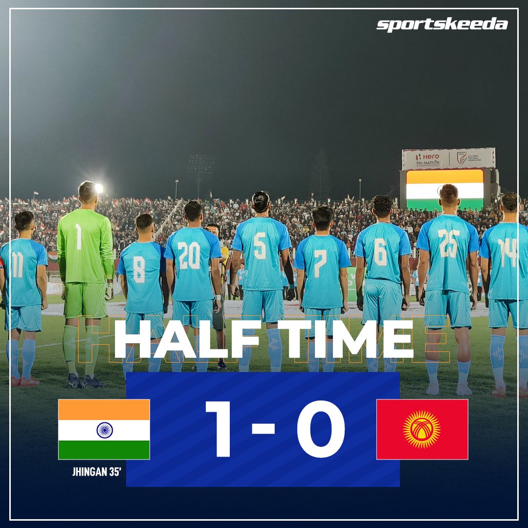 Sportskeeda's tweet photo. HALF TIME: India 1-0 Kyrgyzstan 🇮🇳🇰🇬

A Sandesh Jhingan goal is the difference between the two sides at the break. 

#IndianFootball #BackTheBlue https://t.co/9VRNkYjjgq
