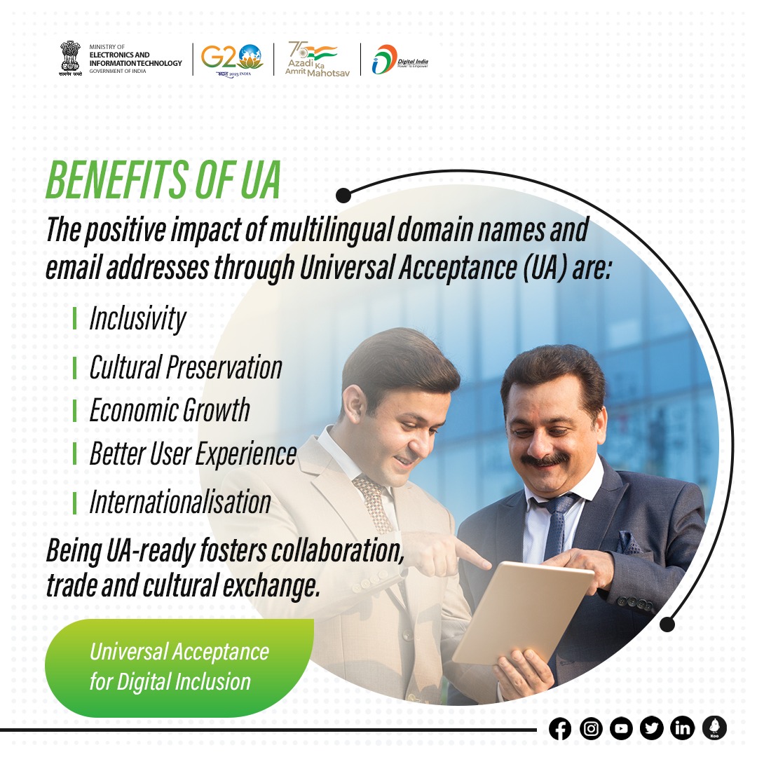 GoI_MeitY's tweet photo. @inregistry @UADay_India India has internet users who speak regional/vernacular languages. It's important to provide #internet services &amp; tools in native languages for bridging the current digital divide.

#UniversalAcceptanceDay #Internet4All #DigitalIndia @inregistry @UADay_India https://t.co/DcKq6zxZXo