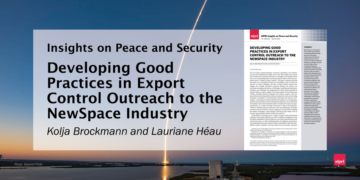 LaurianeHE's tweet image. With ongoing developments in #NewSpace come #ExportControl & #missile proliferation risks.
Now is a good time for states to step up targeted outreach to start-ups & other actors. We explore how this can be done with @KoljaBrockmann for @SIPRIorg ➡️ doi.org/10.55163/BQAO1…
