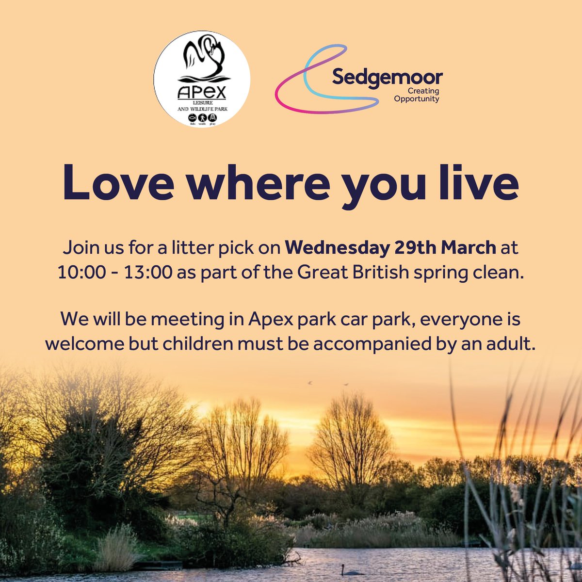 Don't forget that as part of the #GreatBritishSpringClean you can join us and the Friends of Apex Park for a litter pick tomorrow (29/03) at Apex Park between 10am and 1pm Equipment will be provided and everyone is welcome but children must be accompanied by an adult #LoveParks