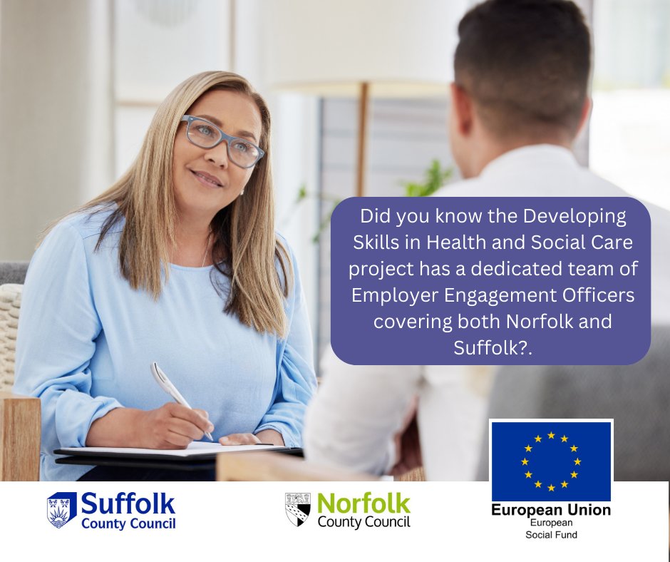 caredeveast's tweet image. Did you know the Developing Skills in Health and Social Care project has a dedicated team of Employer Engagement Officers covering both Norfolk and Suffolk? 
You can find out more about the team here: bit.ly/3STD1Xi 
#supportsocialcare #Suffolk #Norfolk