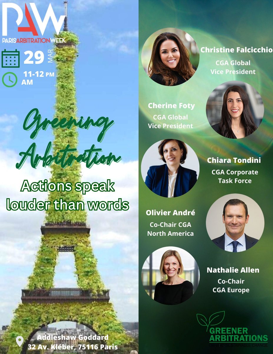 Join @Greenerarbs on 29 March, at our first event at #PAW2023 'Greening Arbitration: Actions speak louder than words!' Thank you @AGinsight  for hosting @Greenerarbs representatives! See you in less than 24 hours!💚
#GreeningPAW2023