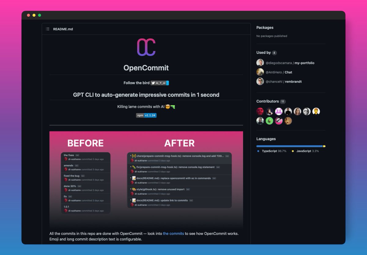 MoureDev's tweet photo. Acabo de descubrir OpenCommit. 

Genera mensajes por IA para tus commit en 1 segundo

> sudo npm install -g opencommit
> opencommit config set OPENAI_API_KEY=tu_key
> oc config set language=Spanish (por ej)
> git add lo_que_sea
> oc (utiliza la "conventional commits convention") https://t.co/lAA52TtK1e