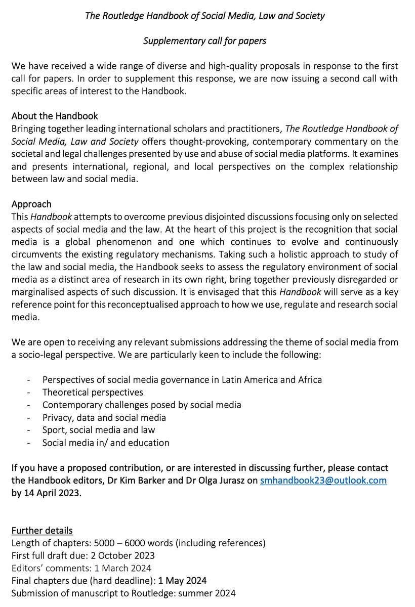 Prof. Kim Barker (@babylegaleagle) on Twitter photo Working on #socialmedia #law and #society? Then <a href="/olga_jurasz/">Professor Olga Jurasz</a> & <a href="/BabyLegalEagle/">Prof. Kim Barker</a> have a #cfp for you!!
We're inviting second round proposals for the #Routledge Handbook on Social Media. Full info, topics & submission instructions👇
bit.ly/42K06R1 Working on #socialmedia #law and #society? Then <a href="/olga_jurasz/">Professor Olga Jurasz</a> & <a href="/BabyLegalEagle/">Prof. Kim Barker</a> have a #cfp for you!!
We're inviting second round proposals for the #Routledge Handbook on Social Media. Full info, topics & submission instructions👇
bit.ly/42K06R1