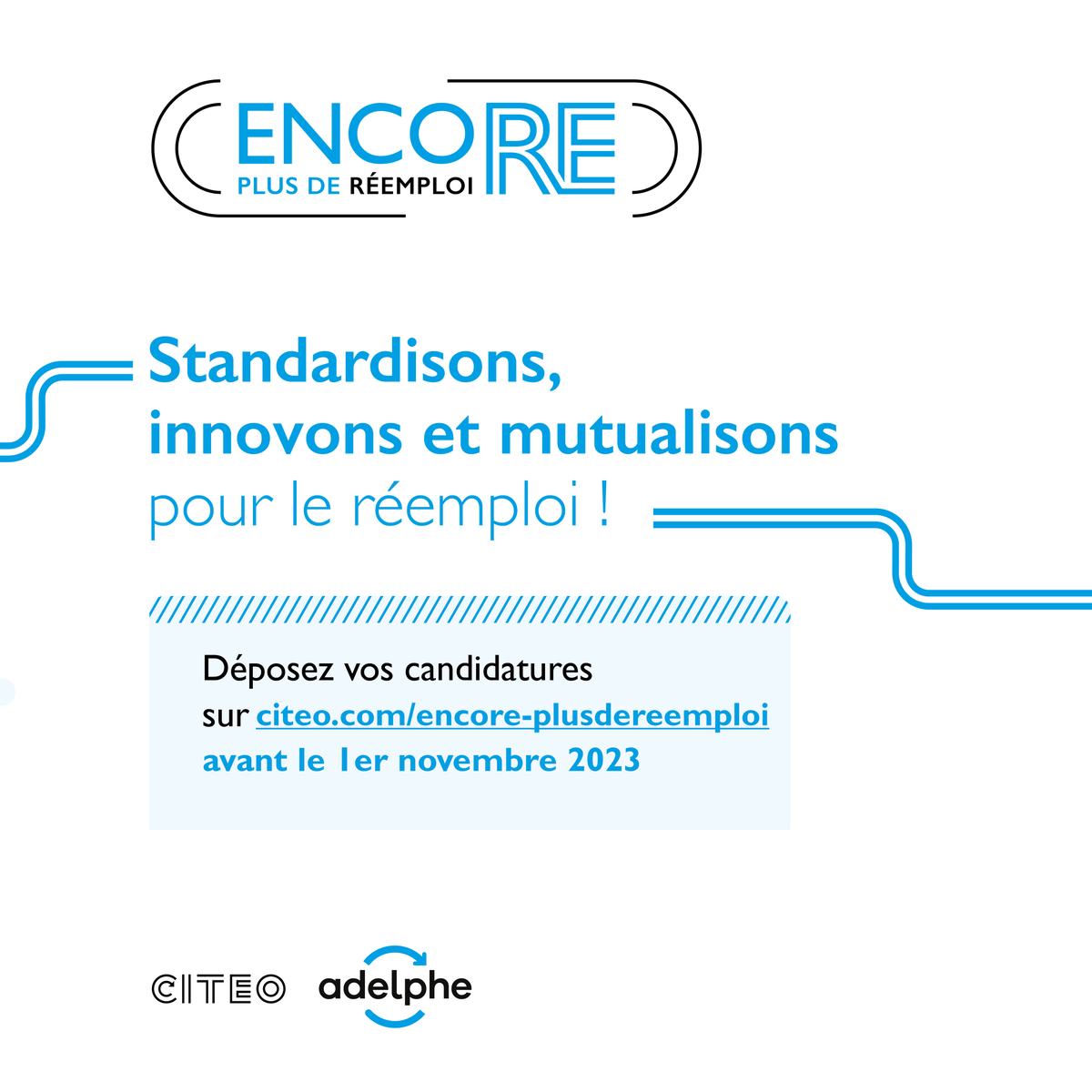 citeofrance's tweet photo. Citeo lance un appel à projets doté de 50 millions d’euros pour développer le réemploi : études, expérimentations, projets de passage à l’échelle, campagnes de promotion... 

(réservé aux clients et collectivités) 

Toutes les informations pour candidater :