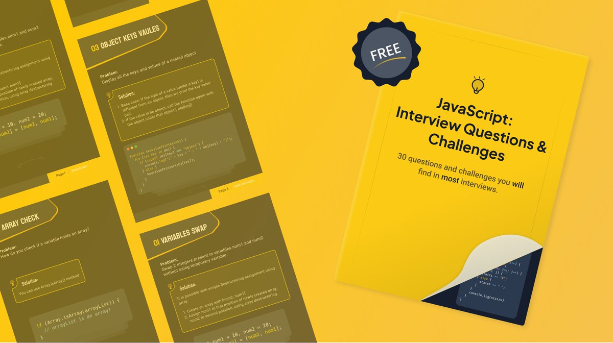 _georgemoller's tweet image. 📣 Are you preparing for a job interview that involves JavaScript?

I put together a free ebook with a comprehensive list of JavaScript challenges and questions you will find in most interviews.

Just reply to this tweet and I'll send the download link to your inbox right away!