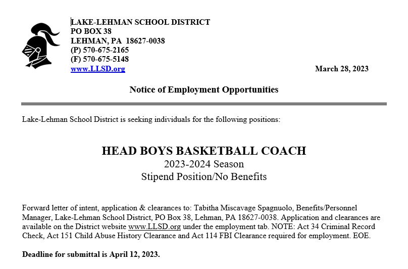 LL_Personnel's tweet photo. Employment Opportunity:
Head Boys Basketball Coach
https://t.co/ay6kDjzs5c https://t.co/Jwv4T9UEbF