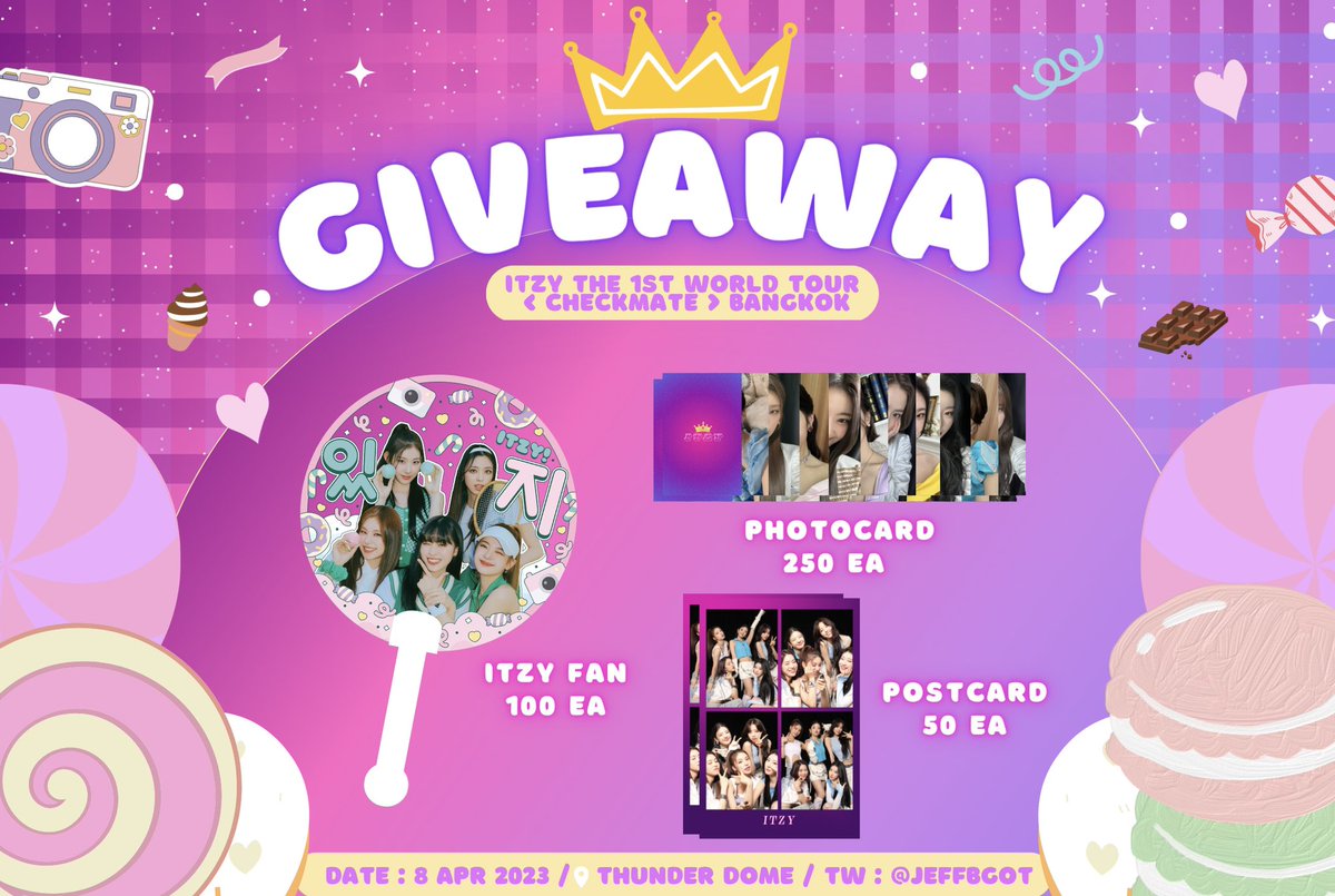 jeffbgot's tweet photo. 👑GIVEAWAY👑

🎁ITZY Fan/Photocard/Postcard🎁

🗓Date : 8 Apr 2023
📍Location : Thunder Dome
⏰Time : TBA

🟣Show this tweet🟣

💗แจกทีละอย่าง 1 คน / 1 ชิ้น โชว์ทวิตนี้ก่อนรับ แล้วมารับกันเยอะๆนะคะ~💗

#ITZYThe1stWorldTour_BKK
#ITZY_CHECKMATE_BKK #ITZY https://t.co/xCiwMF4zFN
