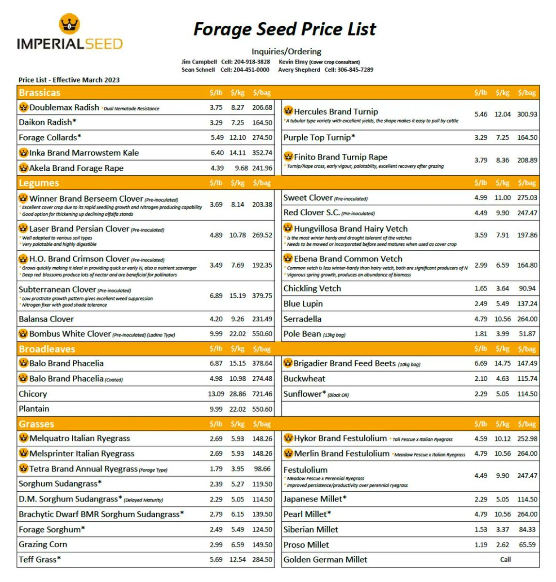 Brassicas, legumes, grasses and more! Are you ready for #Plant23? We’ve got options that best fit your farm!

See our complete price list here: ladybug-amphibian-7l3h.squarespace.com/general-2.

📞(204) 786-8457
📍8040 Park Royale Way, Winnipeg, MB R3C 2E6
🌎imperialseed.com

#AgTwitter #CdnAg