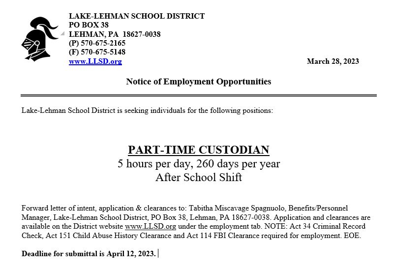 LL_Personnel's tweet photo. Employment Opportunity:
Part-Time Custodian
https://t.co/ay6kDjzs5c https://t.co/H69y6j5Xjk