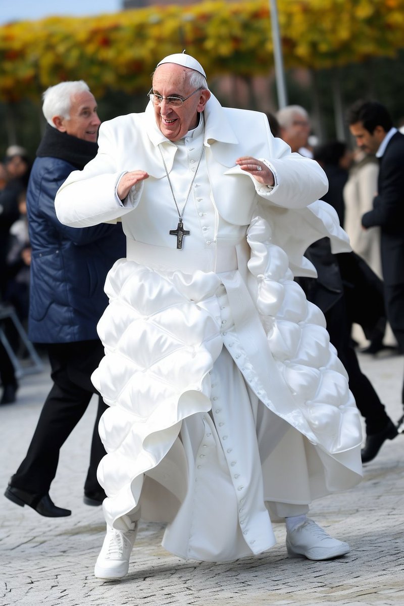 Se nos está yendo de las manos el tema del Papa moderno generado con IA (Midjourney) 😂

"Catholic Pope Francis wearing Balenciaga puffy jacket dancing flamenco  --ar 2:3  --v 5"