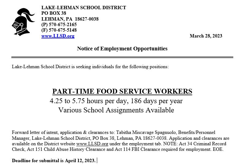 LL_Personnel's tweet photo. Employment Opportunity:
Part-Time Food Service Workers
https://t.co/ay6kDjzs5c https://t.co/le72Sz44ws