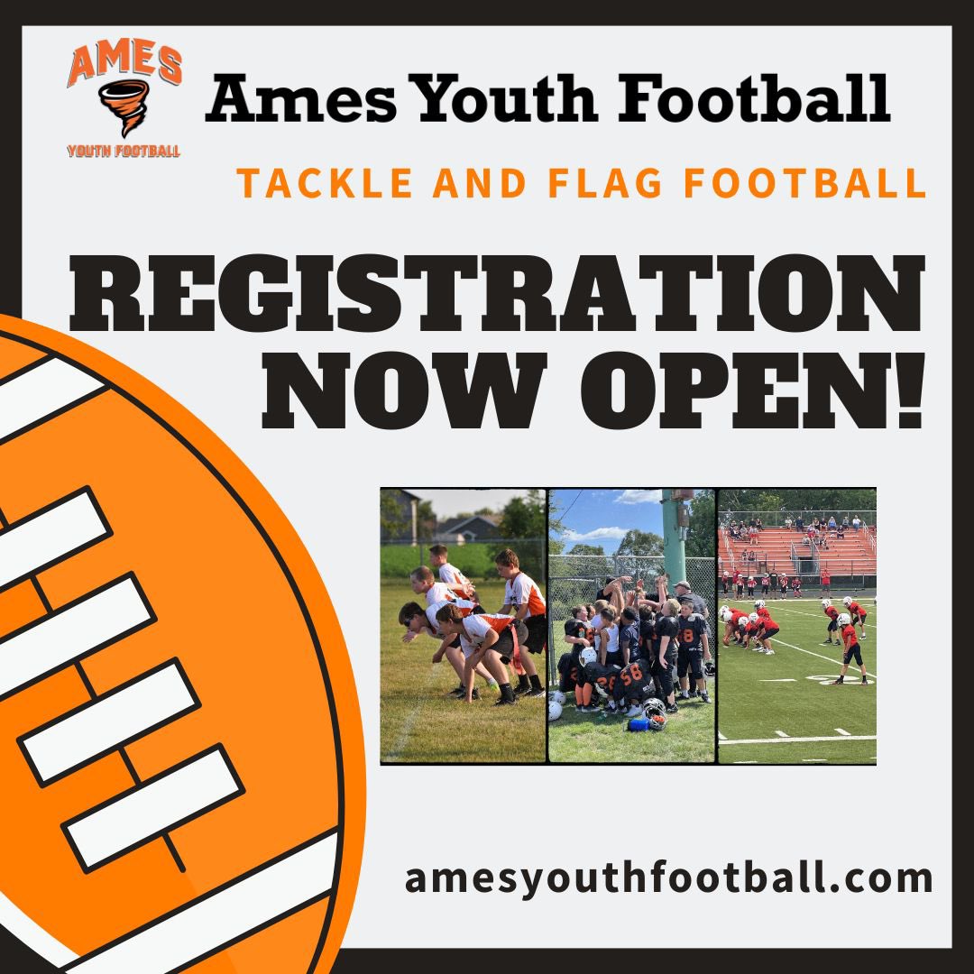 AmesYFootball's tweet photo. Registration for the 2023 season is open! Register your tackle and flag athletes today! https://t.co/6UmGlOLuXm