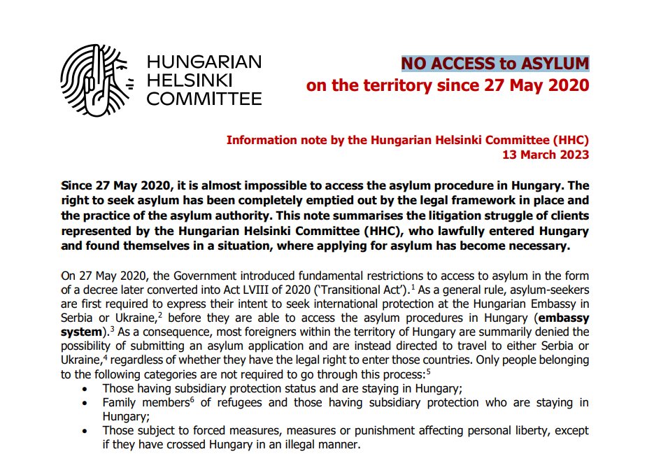 NO ACCESS TO ASYLUM IN 🇭🇺

Since 27 May 2020, almost impossible to access asylum procedure in Hungary. Right to seek asylum completely emptied out by the legal framework in place &amp; practice of the asylum authority. 

Brief #ECRE member <a href="/hhc_helsinki/">Hungarian Helsinki Committee</a>
 🔗bit.ly/3KgN6Lz