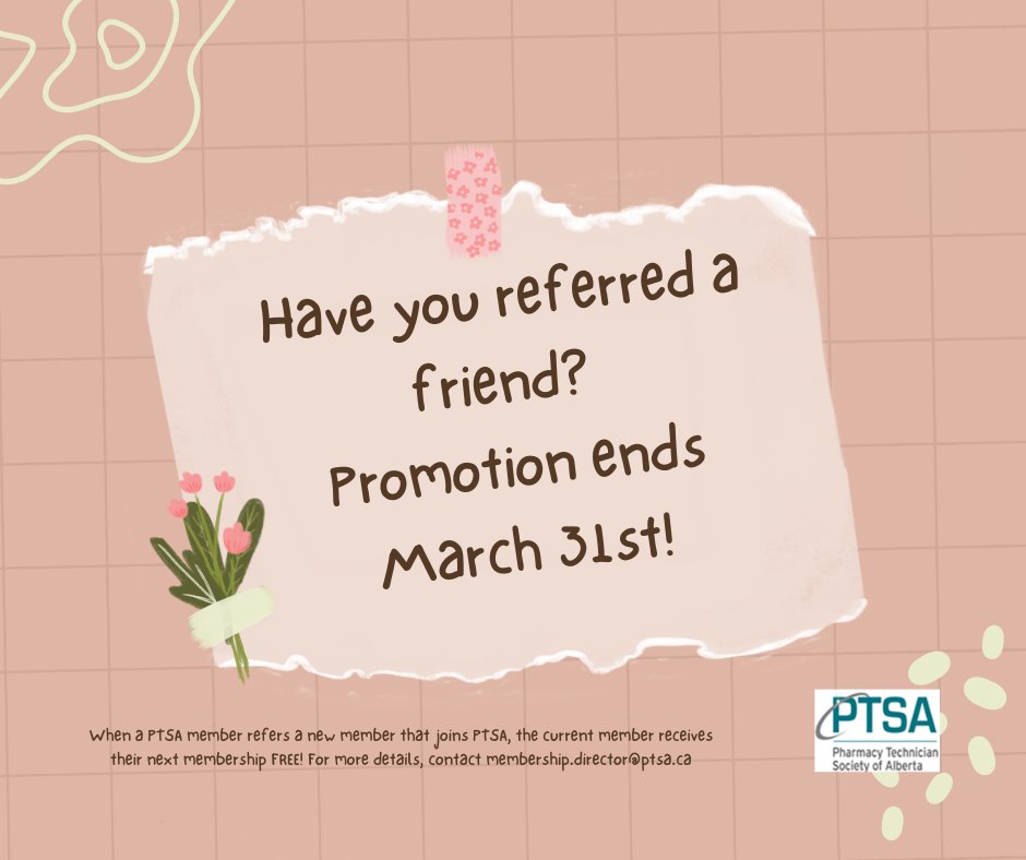 For the month of March 2023, if a current PTSA member refers a new member who joins PTSA they can receive their next membership for FREE! The current PTSA member will need to email the name and email address of the referring new member to membership.director@ptsa.ca.