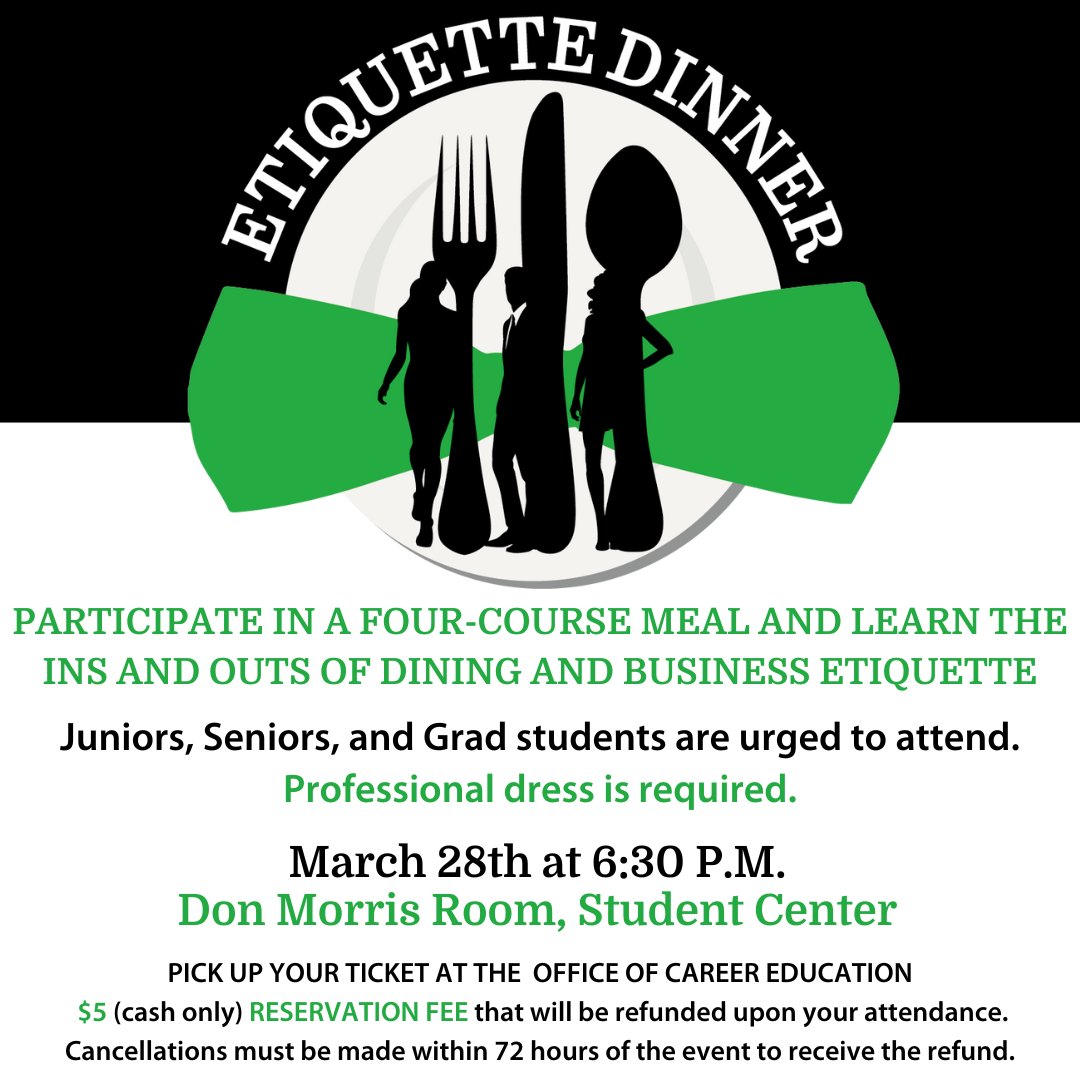 We have a few spots left for the etiquette dinner TONIGHT! Make sure you stop by the Office of Career Education (on the corner of 5th ave. and 17th st) to secure your ticket! $5 reservation fee (cash only) and it will be returned to you upon entry. #herdhired #marshalluniversity