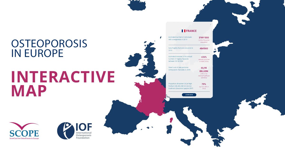 Osteoporosis is a costly burden in #Europe: in women it accounts for more days in hospital than breast cancer, heart attack &amp; diabetes. Our interactive map shows the burden of #osteoporosis &amp; service provision &amp; uptake in 29 European countries – #SCOPE2021 bit.ly/3wQb0DR