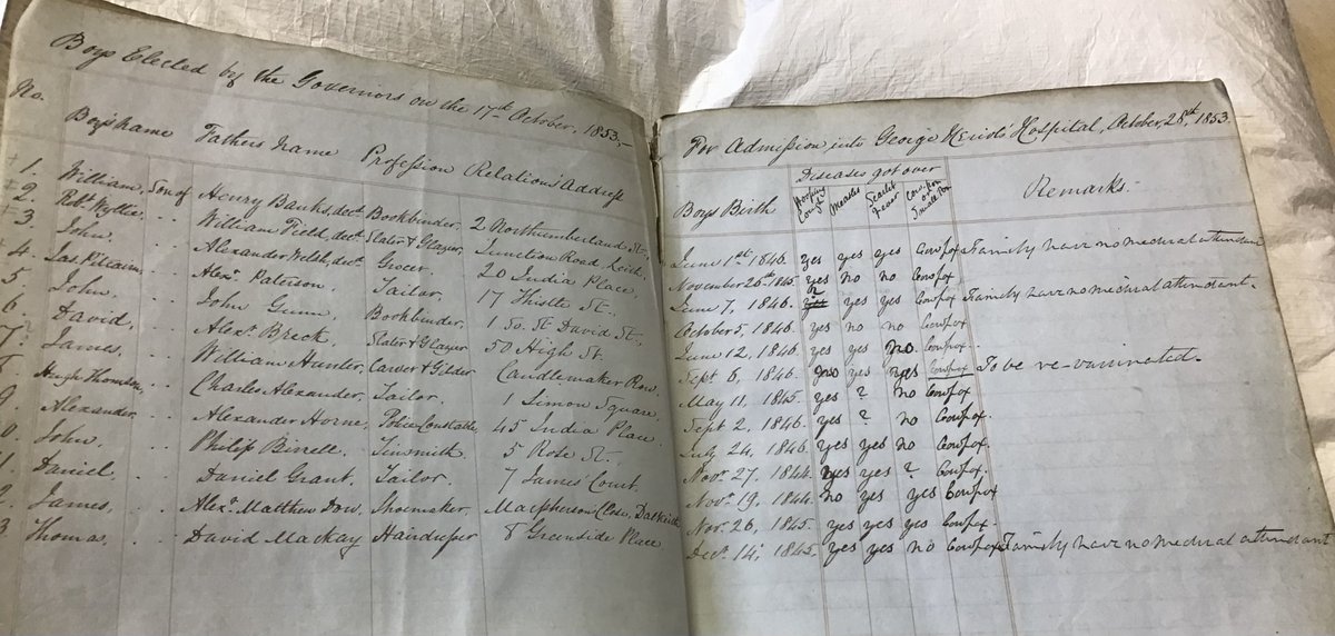 TheLibraryGHS's tweet image. #HealthArchives today and the 1853 surgeon&apos;s book. The surgeon examined the boys before they entered the Hospital and records &apos;diseases got over&apos; e.g. whooping cough, measles, cow pox or small pox and/or scarlet fever.